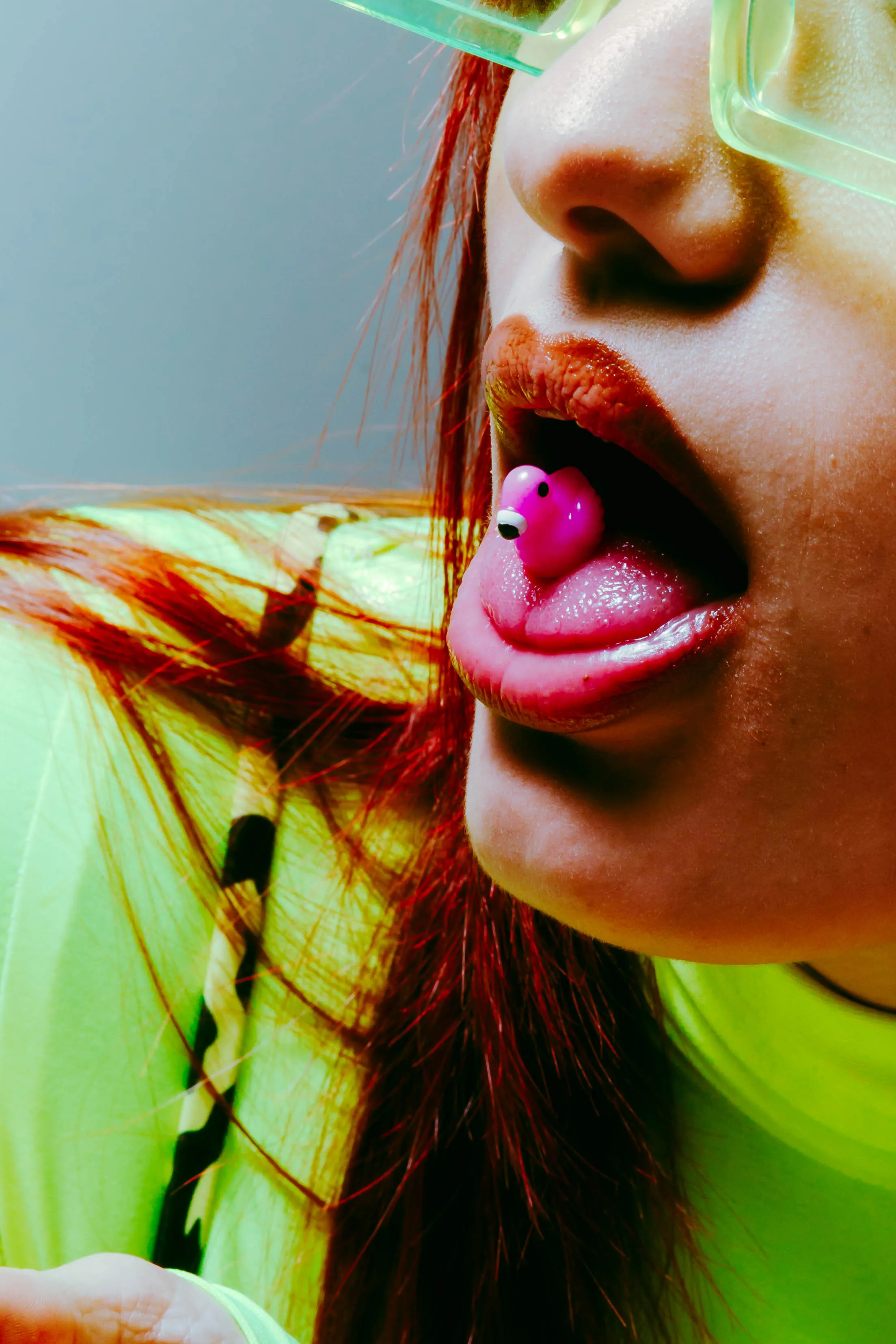 Close-up detail with candy on tongue